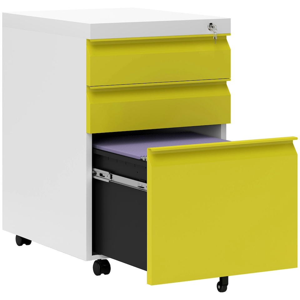 image 1 of Vinsetto 3 Drawer File Cabinet, Lockable Metal Filling Cabinet, Yellow