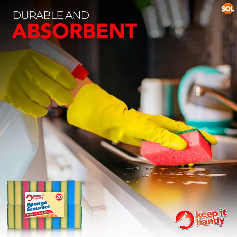 image 1 of 20pk Small Sponge Scourers – Blue, Pink & Yellow Washing Up Sponges for Dishwashing, Kitchen Cleaning & Daily Home Use