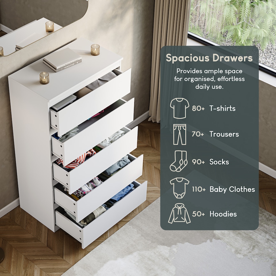 image 1 of Vida Designs Denver 5 Drawer Chest of Drawers Bedroom Storage, White