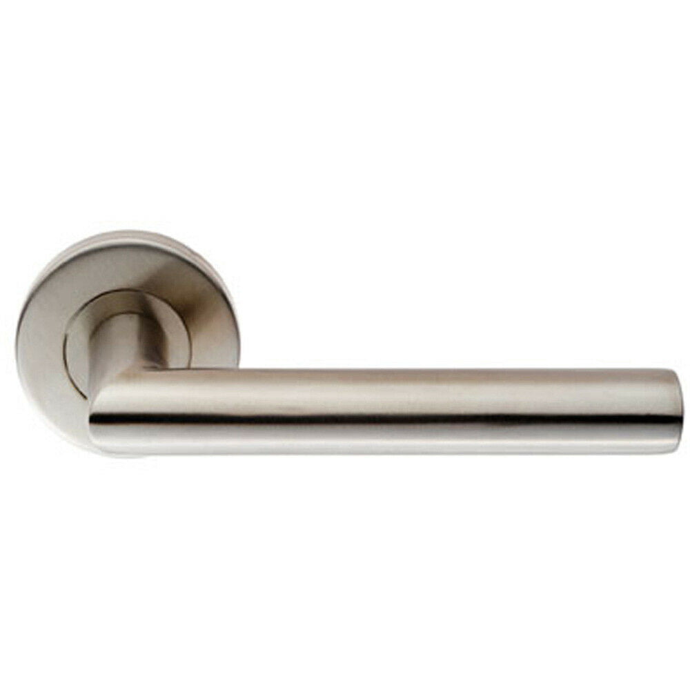 Loops PAIR Oval Shaped Mitred Bar Handle on Round Rose Concealed Fix Satin Steel in Metallics