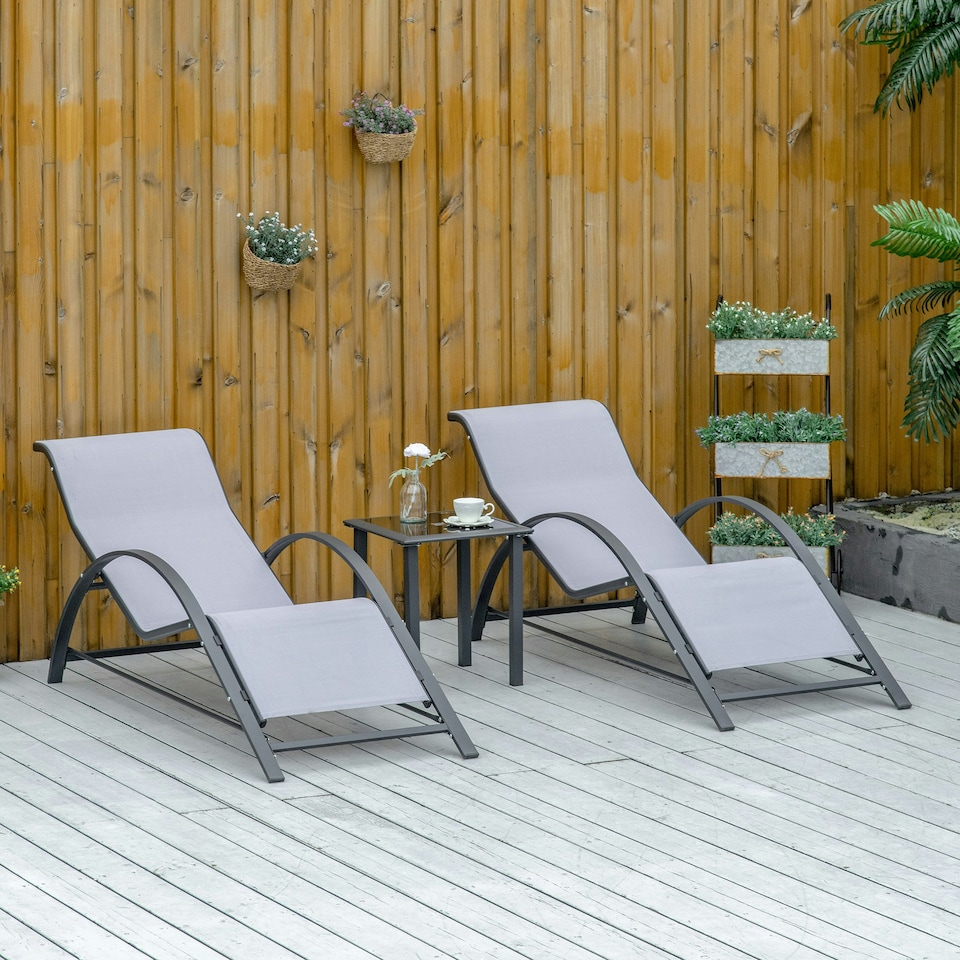 image 1 of Outsunny 3 Pieces Lounge Chair Set Garden Sunbathing Chair w/ Table Light Grey