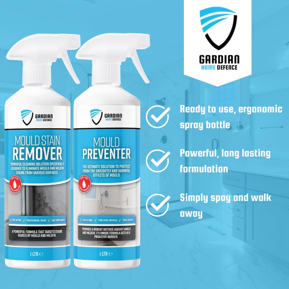 image 1 of Gardian Mould Remover and Preventer Kit - Professional Anti Mould Spray Kit Includes: 1L Moulds and Mildew Remover Spray, 1L Moulds Preventer Sprays, Mould Cleaner Micro Fibre Cloth and Rubber Gloves