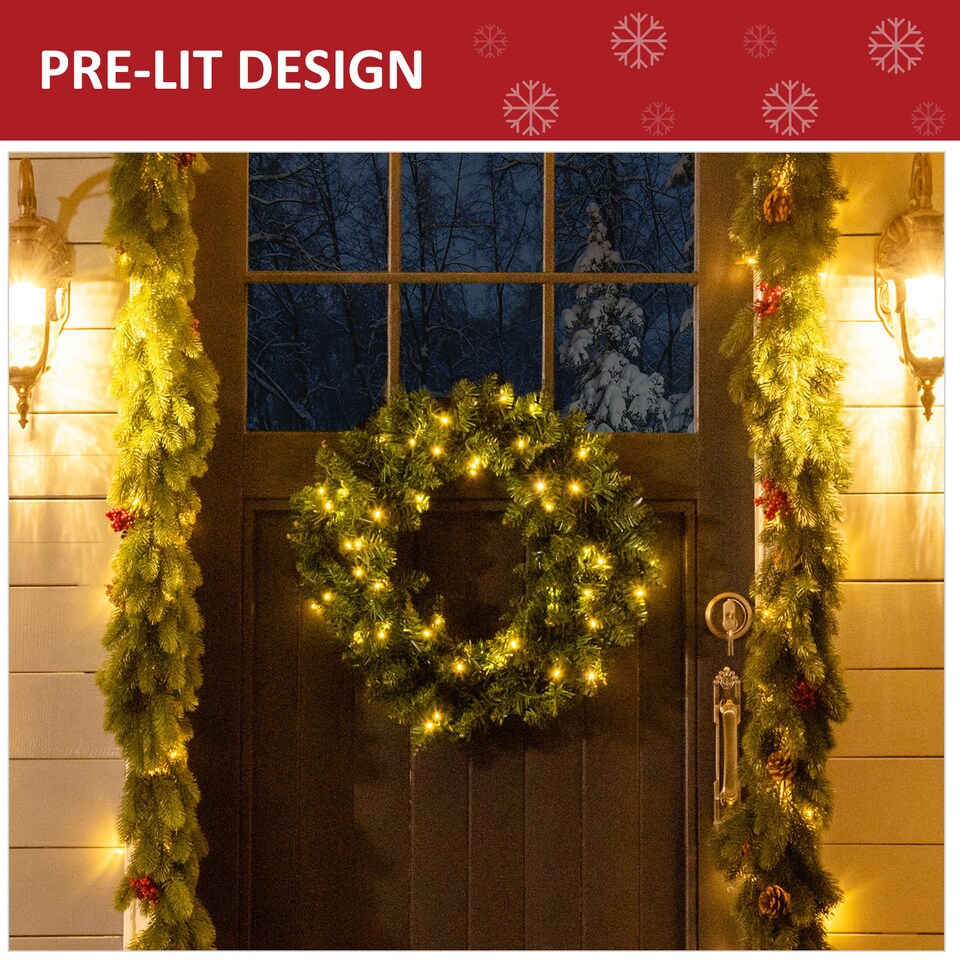 image 1 of HOMCOM Christmas Wreath 50 Warm White LED Lights Ideal Artificial Decor
