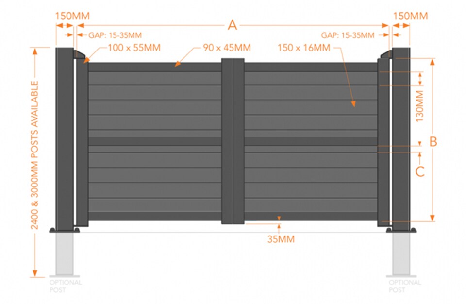 image 1 of Double Swing Gate 3000x1800mm - Aluminium - Horizontal Solid Infill and Flat Top - Grey