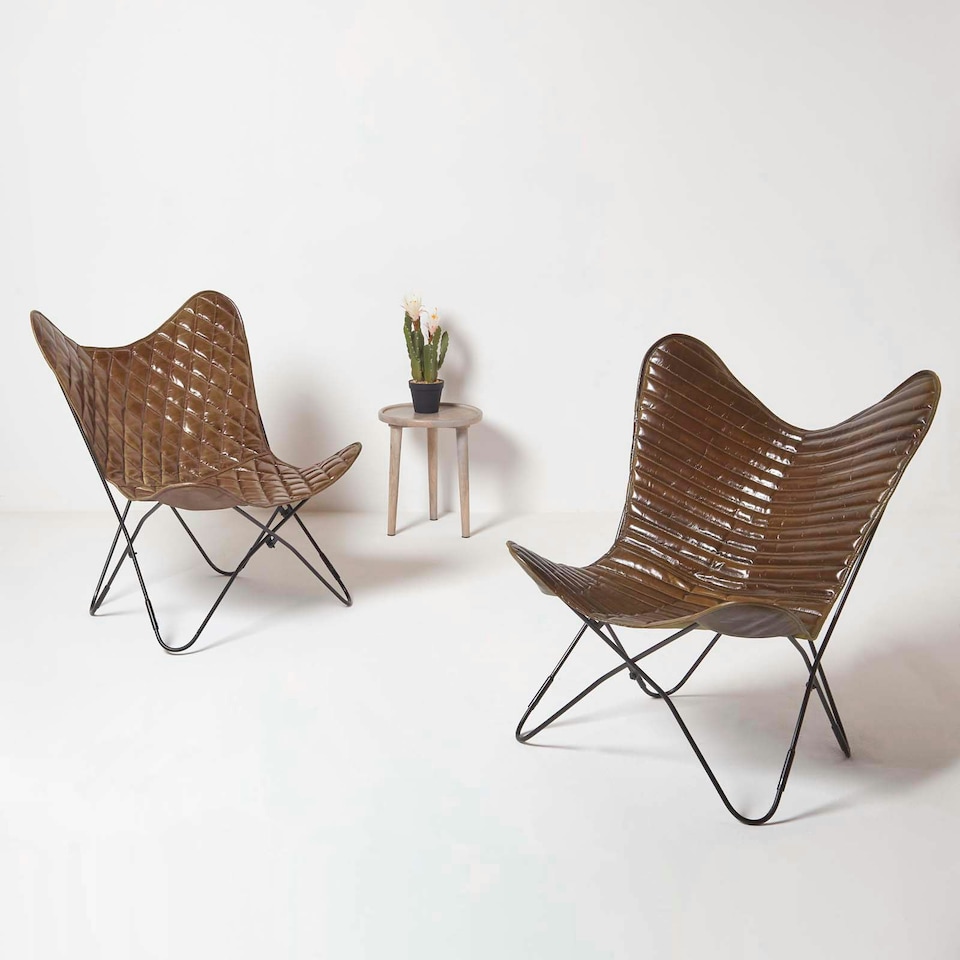 image 1 of Homescapes Brown Leather Diamond Butterfly Chair Brown