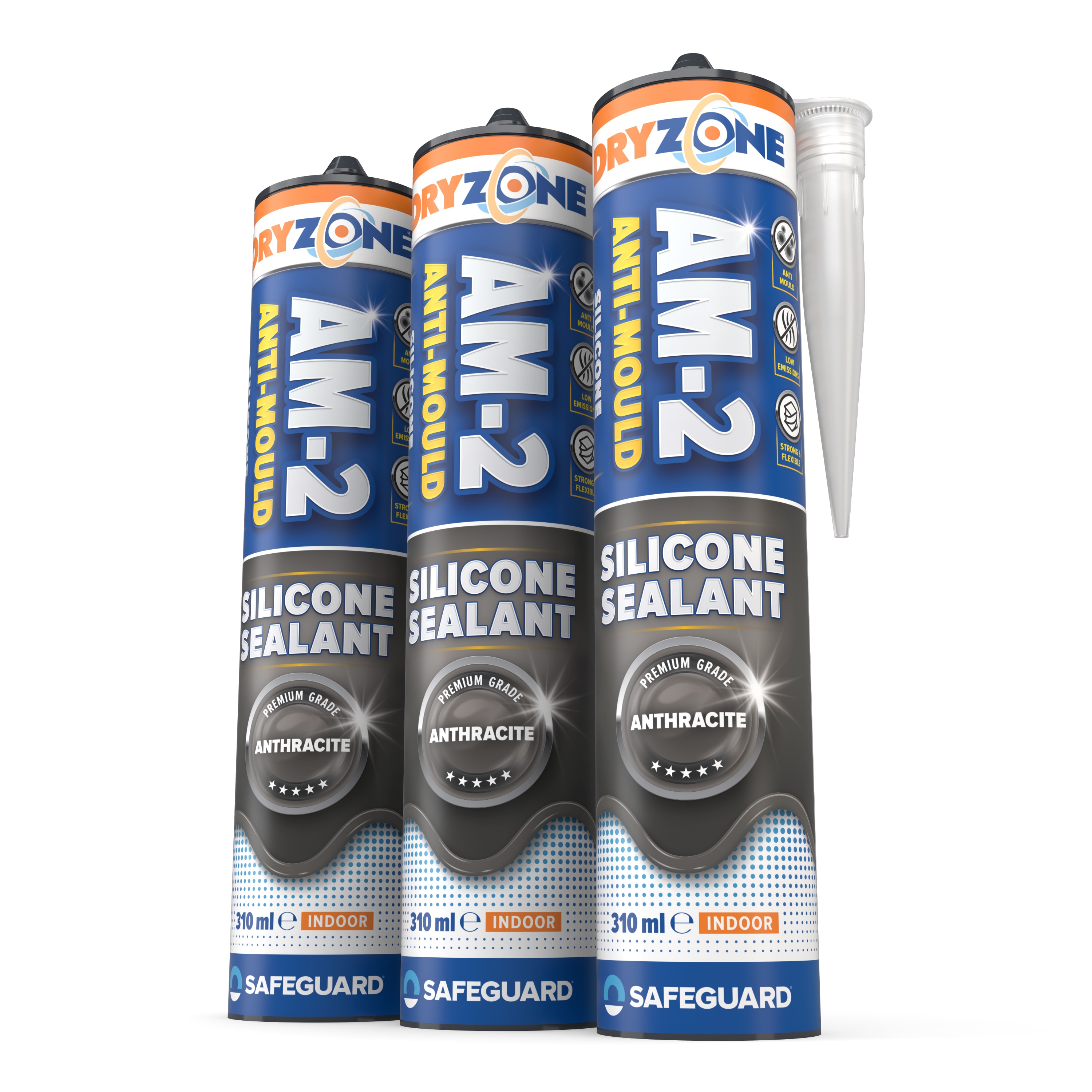 Dryzone Anti-Mould Silicone Sealant Anthracite Grey 310ml x 3 Pack, Waterproof Premium Sanitary-Grade, Low VOC Sealant for Bathroom & Kitchen