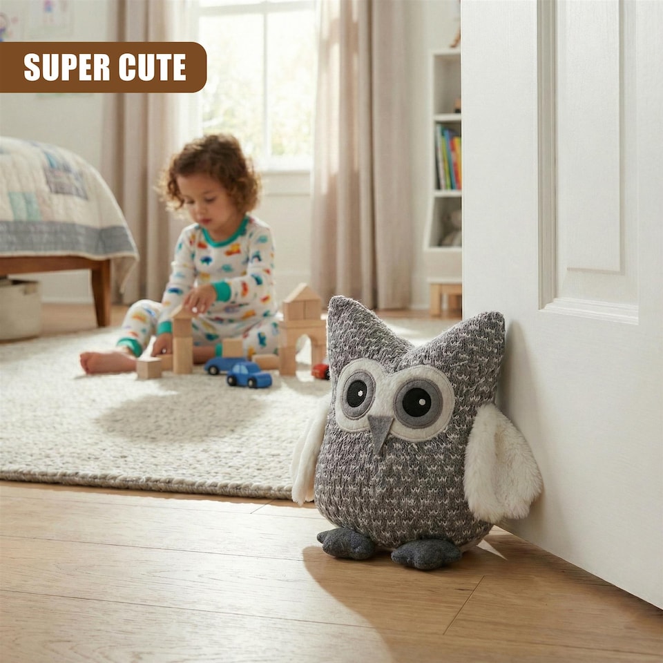 image 1 of GEEZY Novelty Owl Door Stop with Fluffy Wings, Soft Grey Decorative Stopper