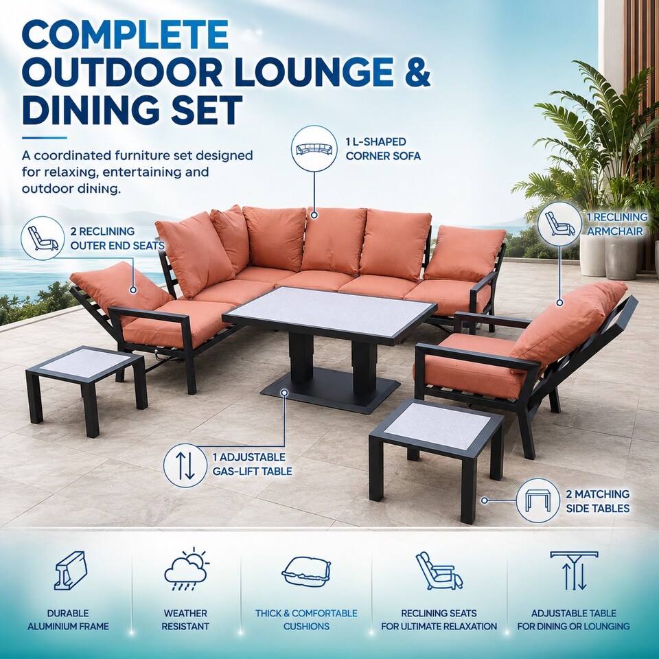 image 1 of Monte Carlo 7 Seater Aluminium Reclining Corner Garden Sofa Set with Gas Lift Table & Terracotta Cushions