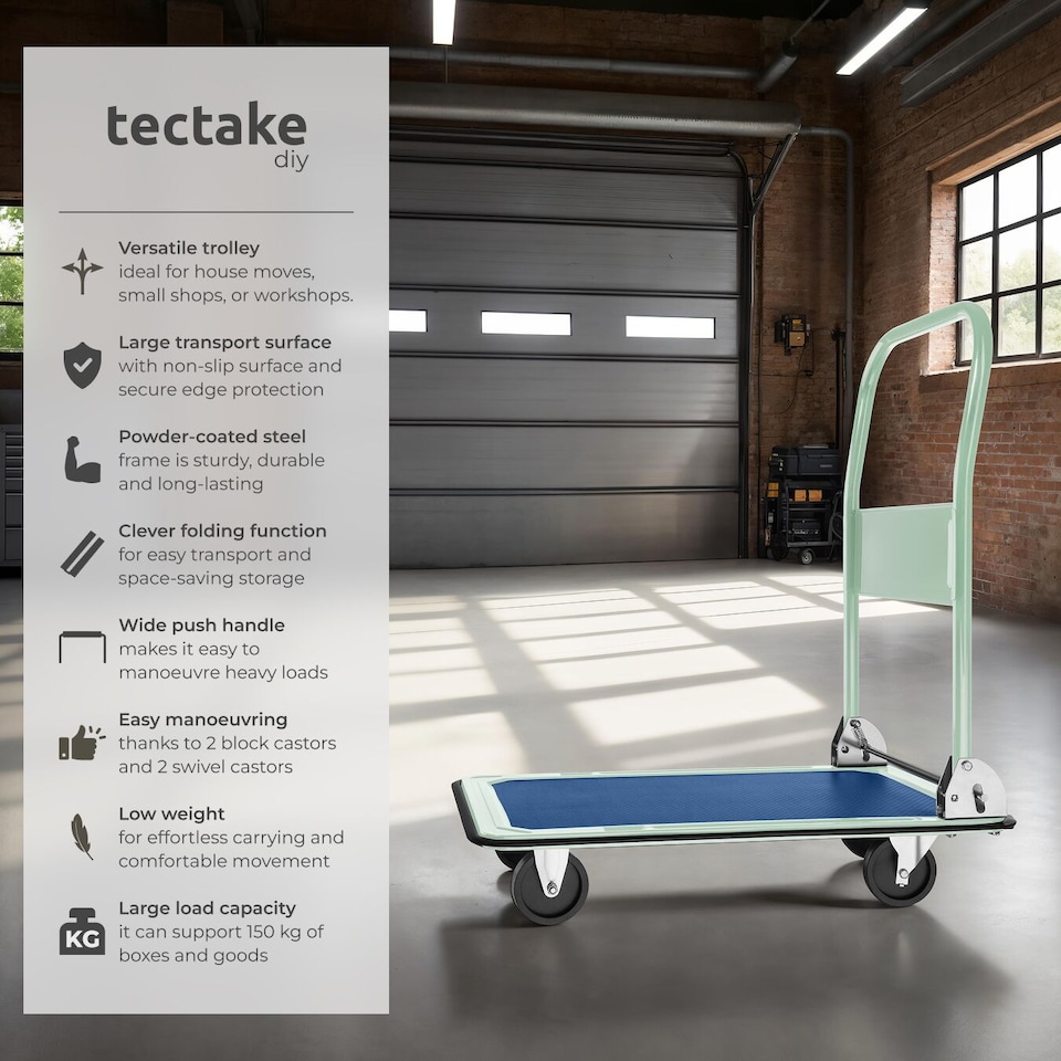 image 1 of Folding Trolley - 2 fixed, 2 swivel wheels, 150 kg load capacity, 73 x 47 cm load bed