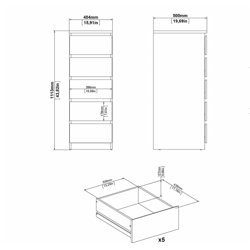 image 1 of Naia Narrow Chest of 5 Drawers in Concrete and White High Gloss