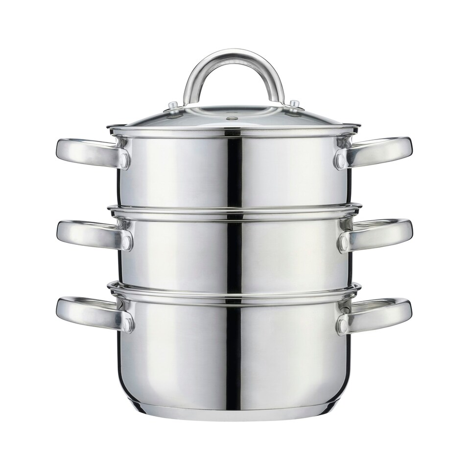 image 1 of Cooks Professional 3 Tier Stainless Steel Steamer Pan - Suitable for All Hobs Inc Induction - Dishwasher Safe - 18cm Diameter
