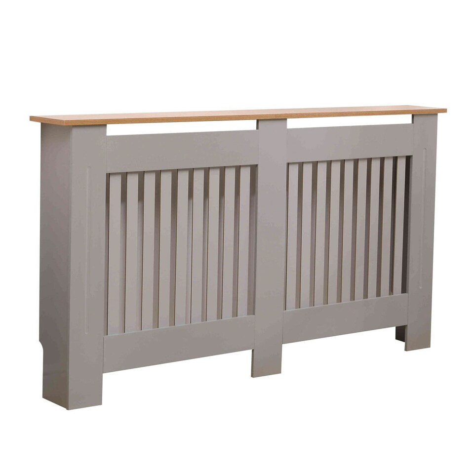 image 1 of Oypla Large Grey Wooden Slatted Grill Radiator Cover MDF Cabinet