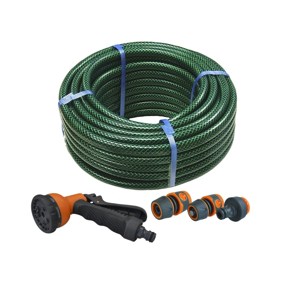 Faithfull Pvc Garden Hose With Fittings & Spray Gun - Multi Colour - 15 Metre & Fittings Multi