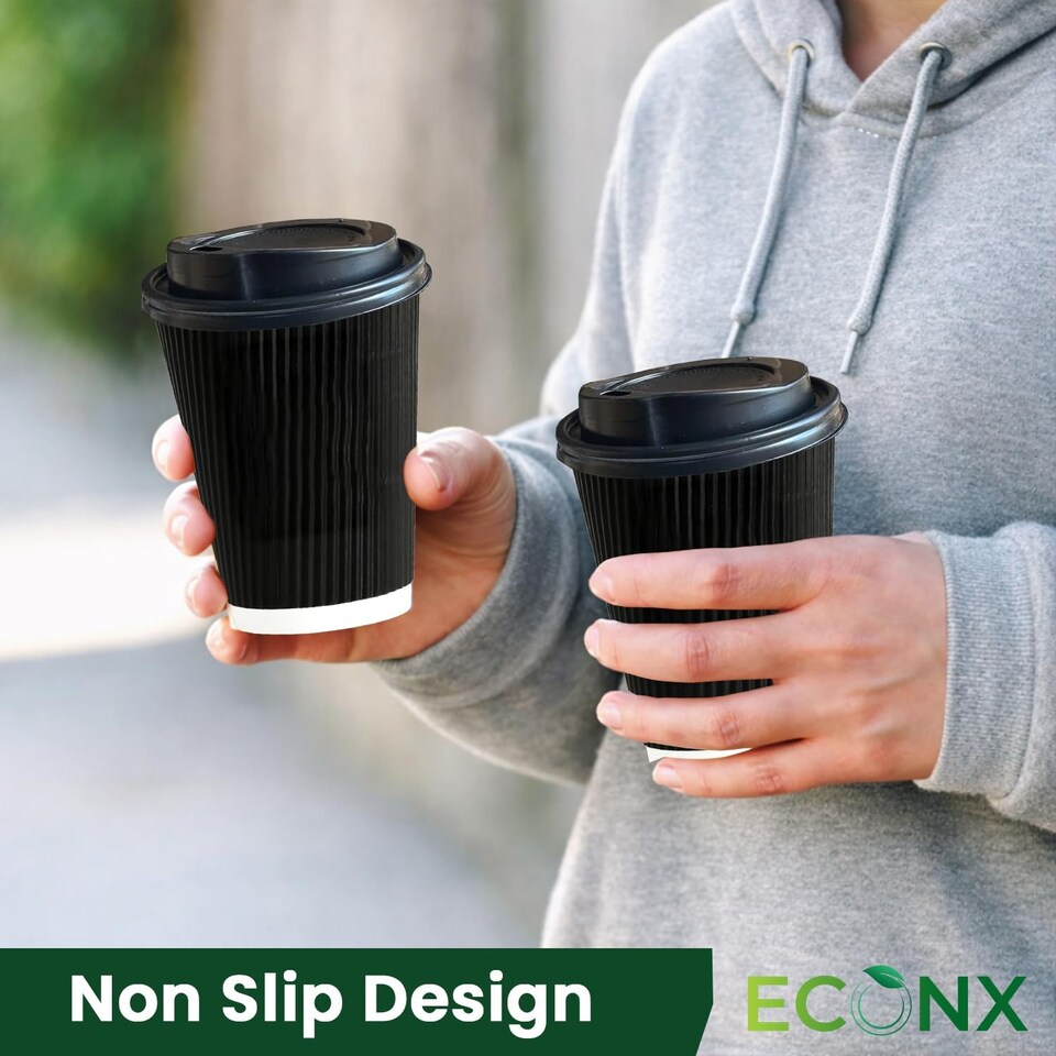 image 1 of ECONX 100pcs 12oz Black Disposable Coffee Cups With Lid Triple Layer Paper Cups