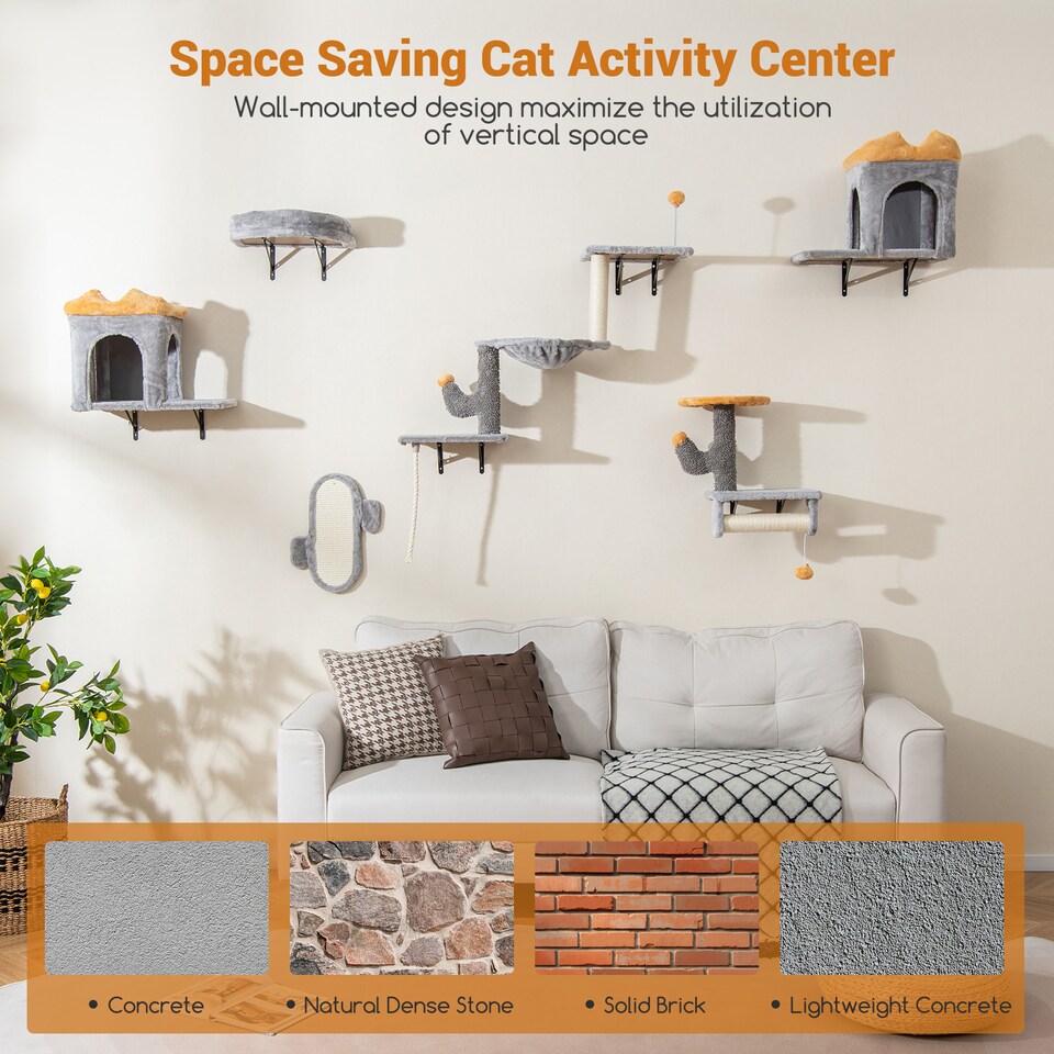 image 1 of COSTWAY Wall-Mounted Cat Tower Set Space Saving Grey