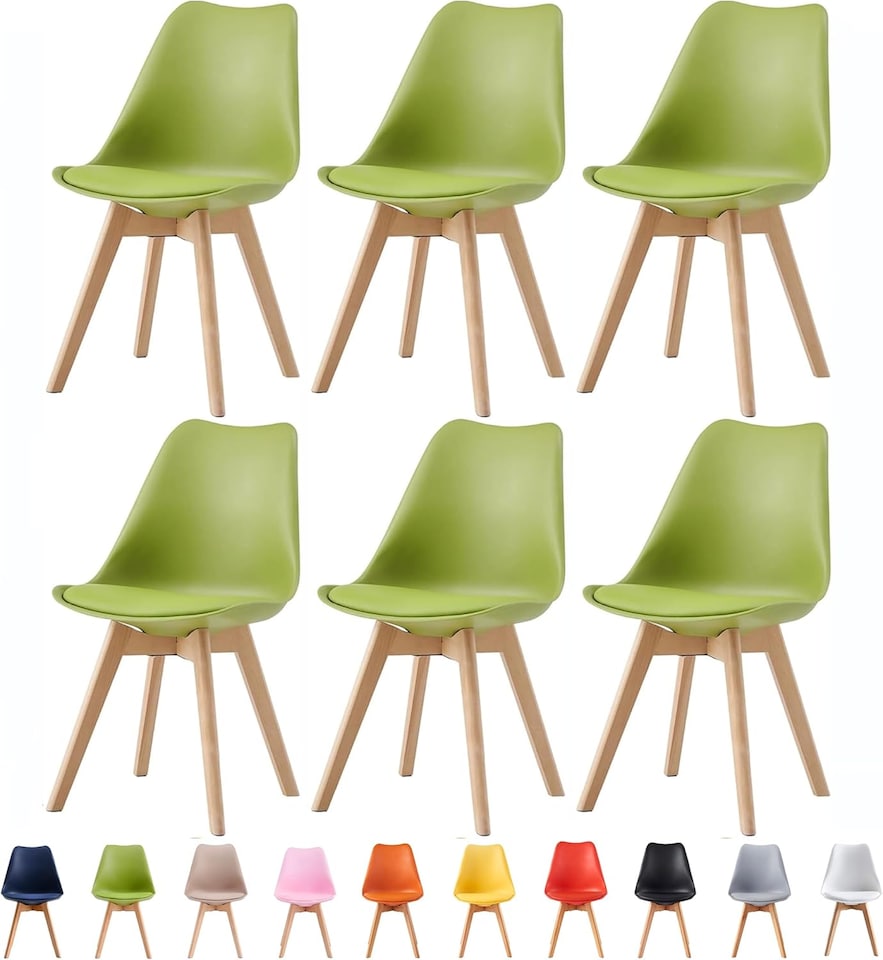 image 1 of Set of 6 Dining Chairs with Solid Wooden Legs and Seat Cushion Pads in Green - Eva by MCC