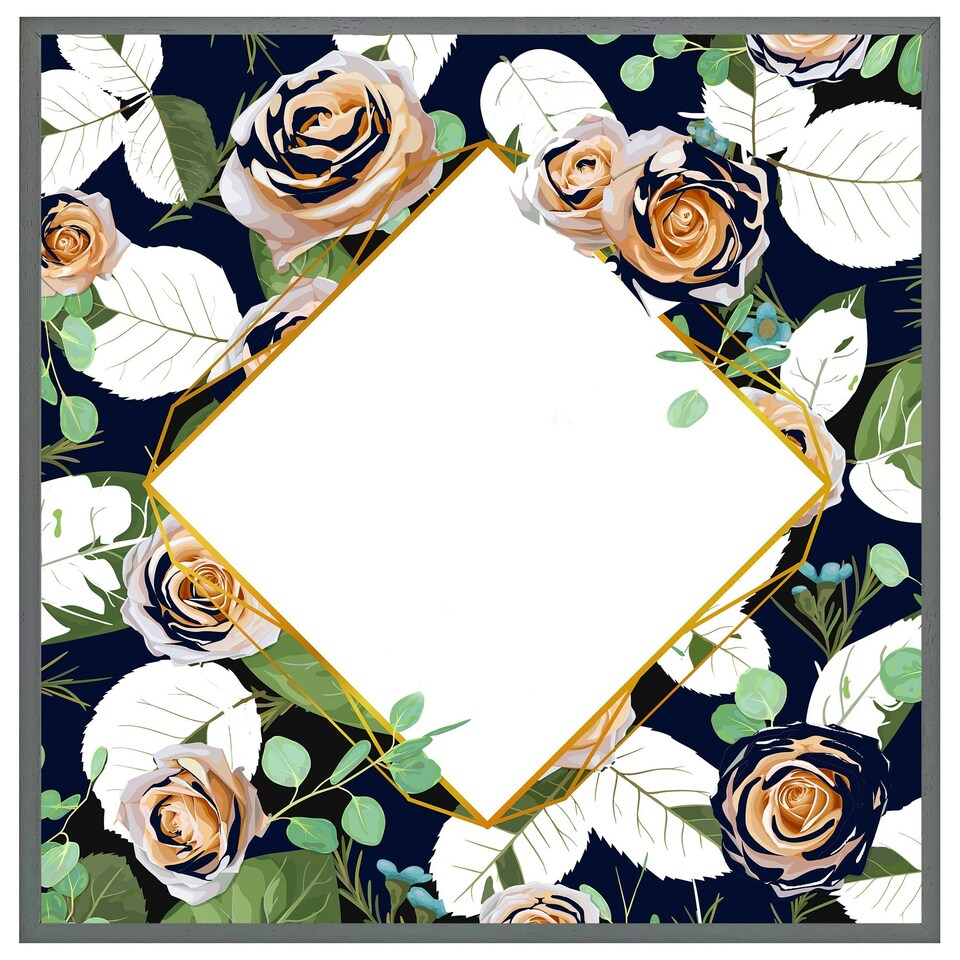 image 1 of Decorative flowers on navy background (Picture Frame) Grey | L