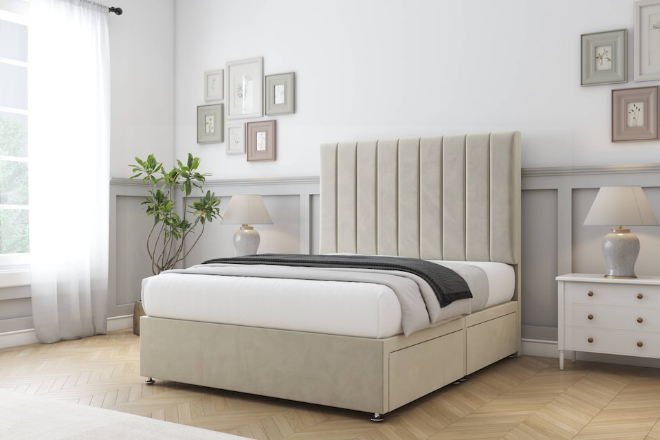 image 1 of Sloomy Kansas Cream Plush Divan Bed Base No Drawers With 54 Inch Floor Standing Headboard | Cream | Cream | Small Single | 1