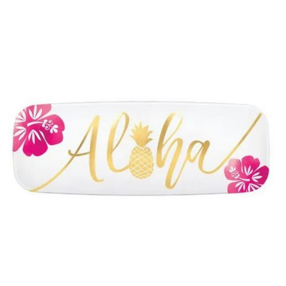 Amscan Aloha Plastic Hot Stamped Long Platter - White/Gold/Pink - One Size
