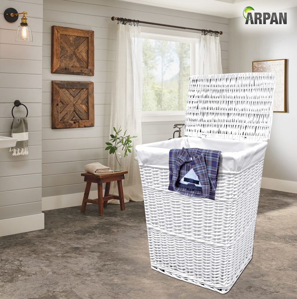 image 1 of ARPAN White Wicker Laundry Basket with Lid & Removable Washable Liner, Natural Woven Clothes Washing Hamper, Laundry Storage Basket for Bedroom, Bathroom & Utility Room