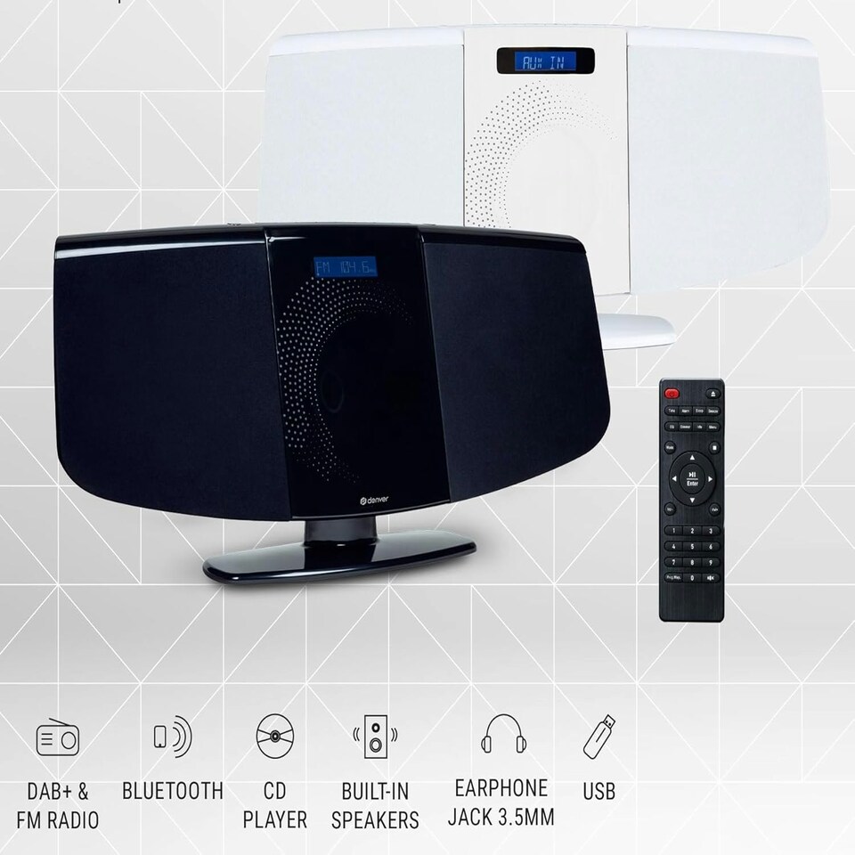 image 1 of Denver MDA-320 White Bluetooth DAB+ CD Player HiFi - Motorised Door, Stereo Speakers, Wall Mountable, Mains Power, LED Display, Remote Control, FM, USB, AUX IN