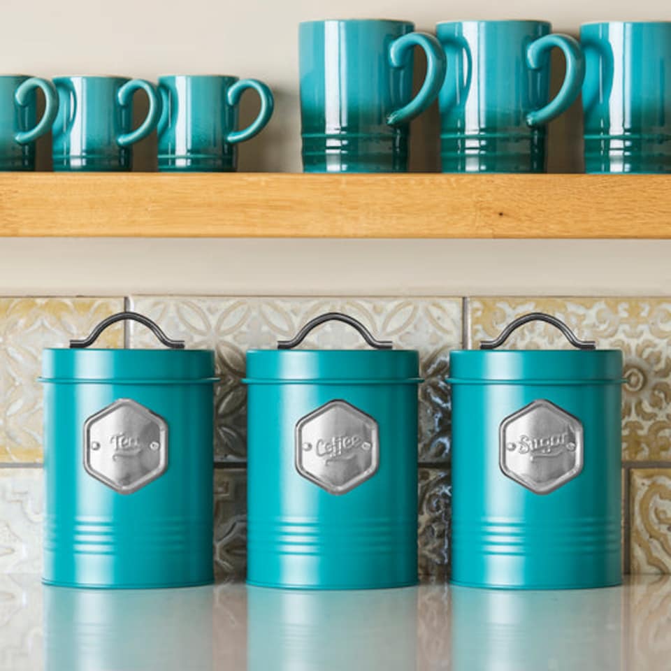 image 1 of Cooks Professional 5 Piece Kitchen Storage Set – Tea, Coffee, Sugar, Bread & Biscuit Tins | Blue | Teal & Silver