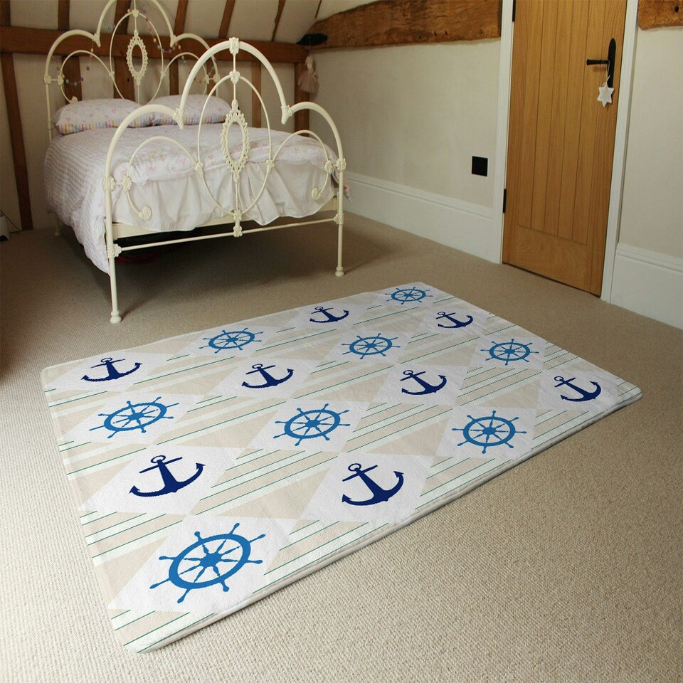 image 1 of Nautical Elements on Striped Background (Rug) Blue | XL: 160x230cm