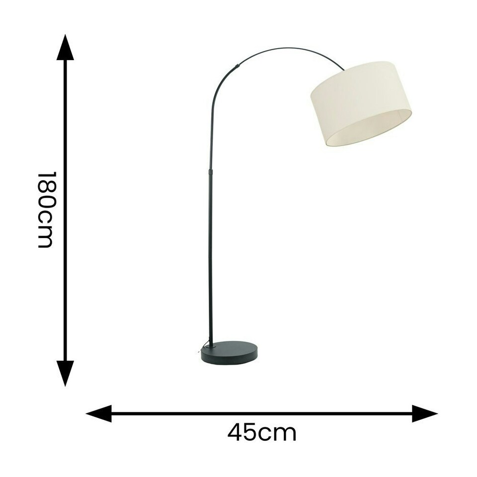 image 1 of ValueLights Louis Black Arched Curved Floor Lamp with White Fabric Drum Lamp Shade and LED Bulb White