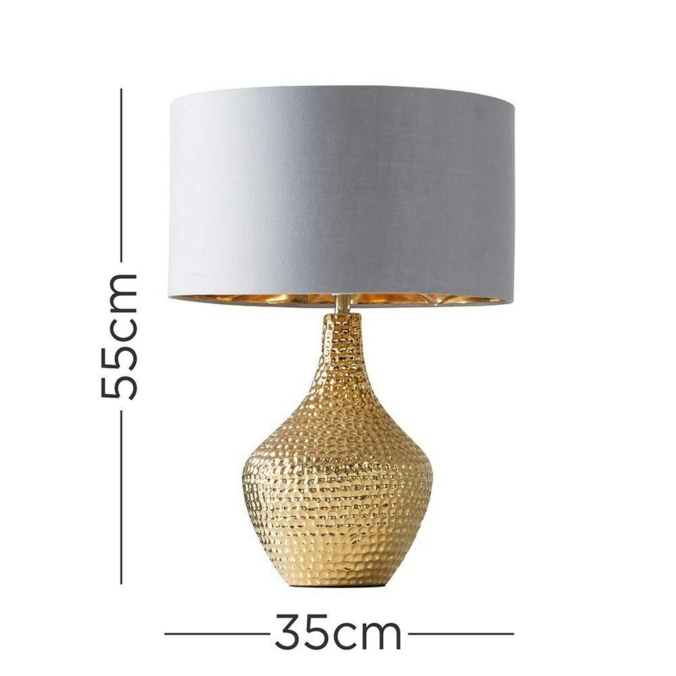image 1 of ValueLights Bailey Polished Gold Table Lamp with Medium Grey Drum Shade and E27 GLS LED 10W Warm White 3000K Bulb