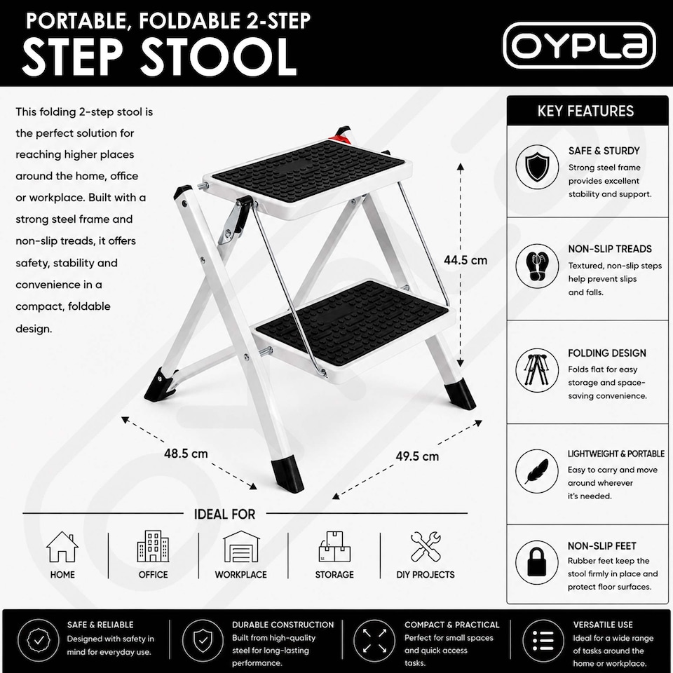 image 1 of Folding Portable 2 Step Stool Non Slip Tread Safety Steel Stepladder | White
