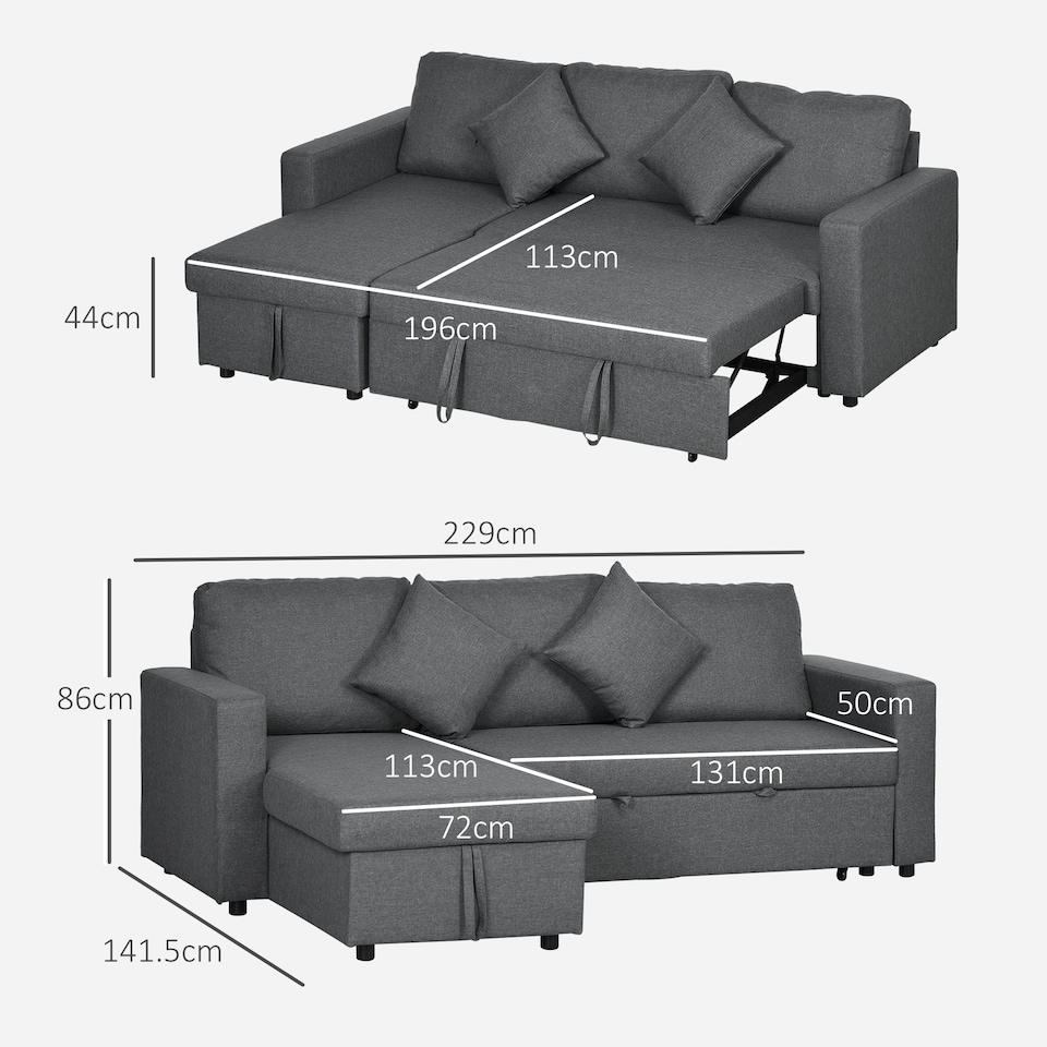 image 1 of HOMCOM Corner Sofa Bed with Storage, 3 Seater Pull Out Sofa Bed, Convertible L Shape Sofa Couch with Reversible Chaise Lounge for Living Room, Dark Grey
