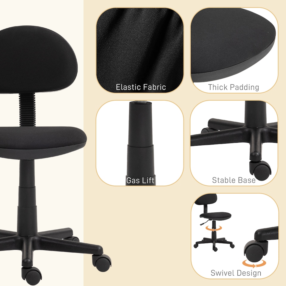 image 1 of HOMCOM Armless Office Chair, Small Desk Chair, Height Adjustable Computer Chair with Rolling Wheels and Low Back, Black