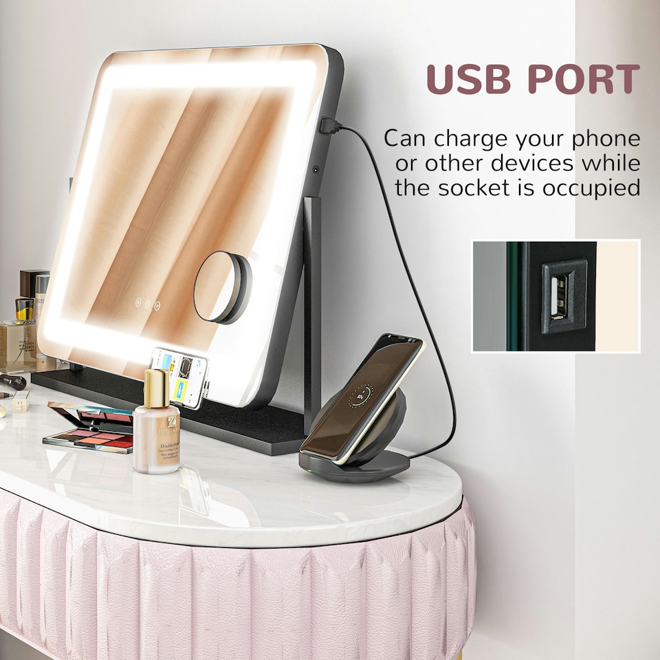 image 1 of HOMCOM Vanity Mirror with Lights, 6350 cm Lighted Makeup Mirror with 3 Colour Lighting Modes, 10 Magnifying, USB Charging Port, Phone Holder, 360 Degree Rotation, Touch Screen, for Dressing Table