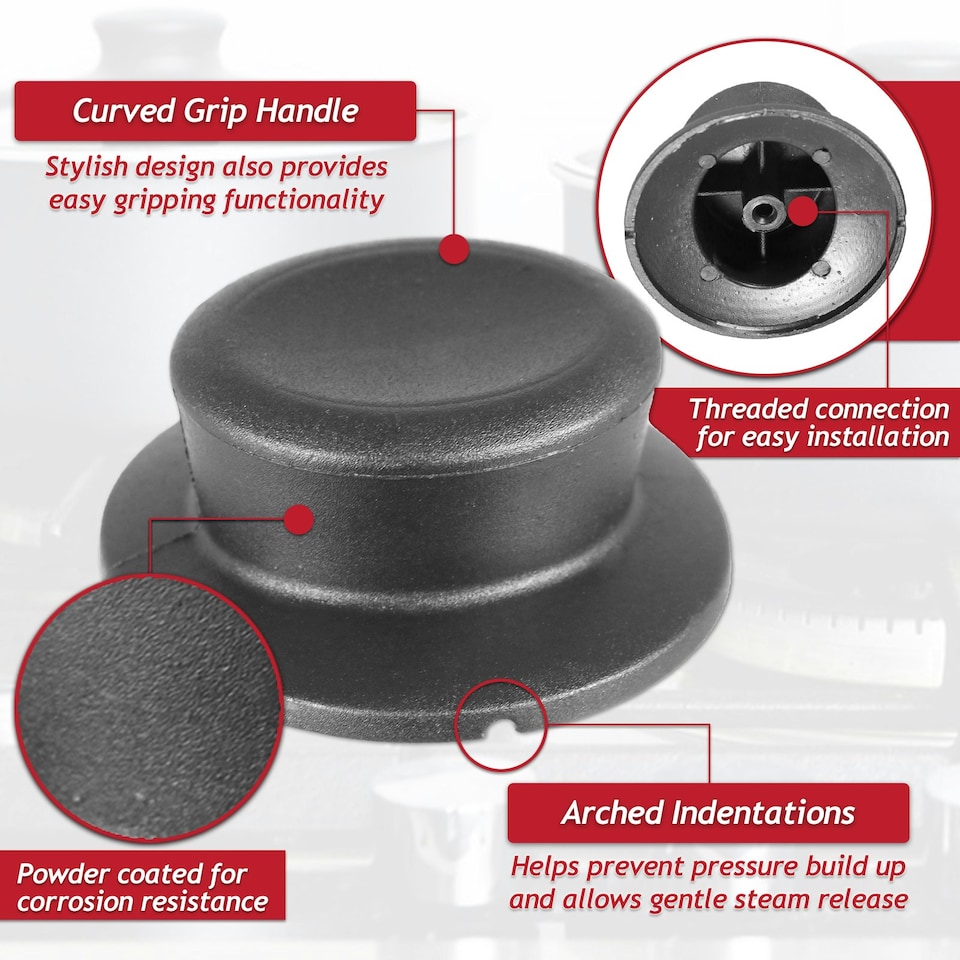 image 1 of SPARES2GO Pan Lid Knob Handle Kitchen Cookware Black Round Curved Hand Grip Replacements (Pack of 2) Black