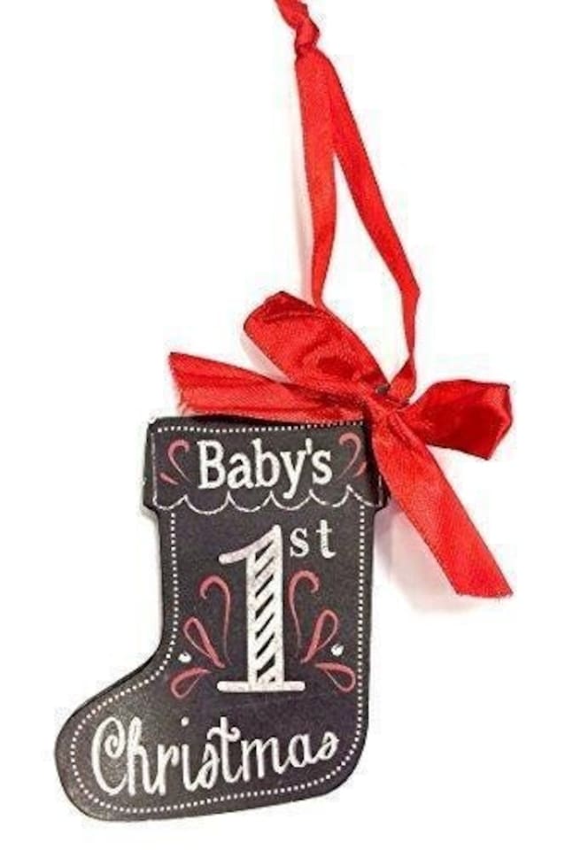 image 1 of Baby's 1st ChristmasnTree Decoration-Stocking Shape In A Chalkboard Plaque Style