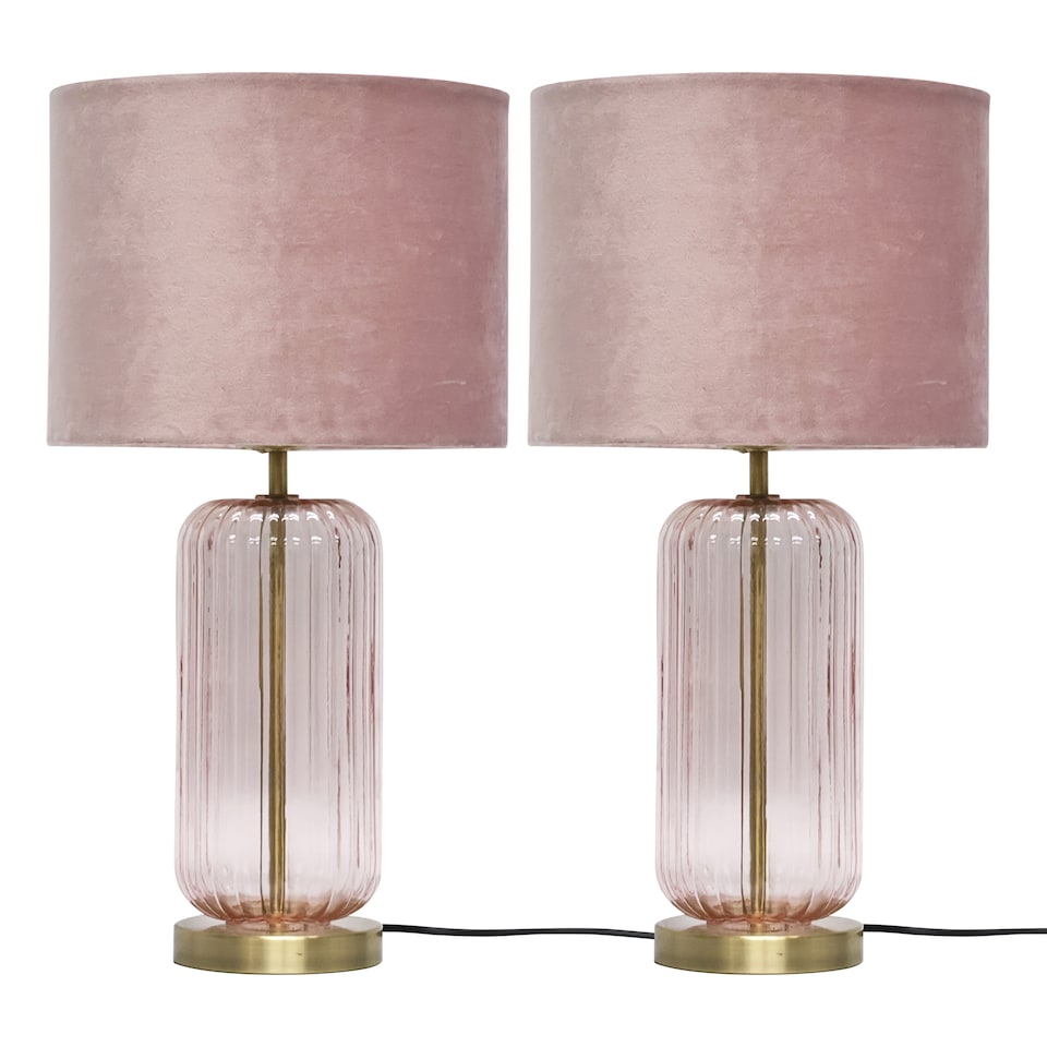 image 1 of Set of 2 Walpole - Blush Pink Glass and Antique Brass 49cm Table Lamps | Yellow | Antique brass plate with blush pink glass detail and pink velvet | 2