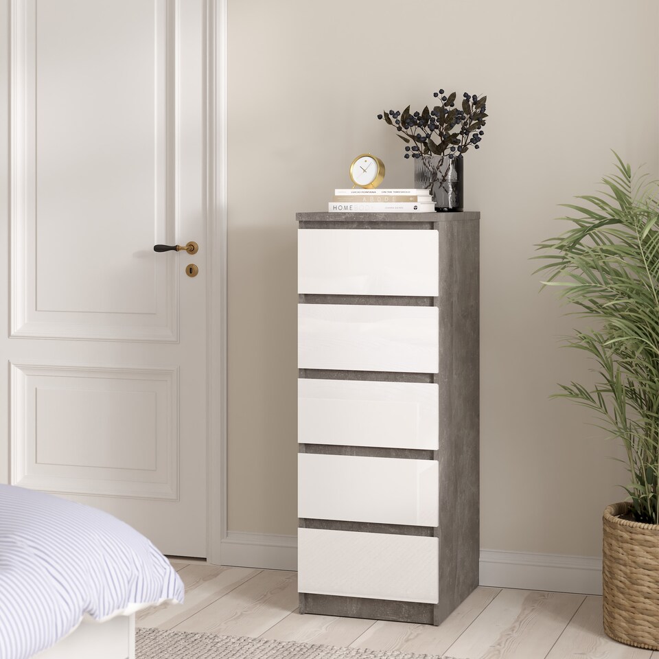image 1 of Naia Narrow Chest of 5 Drawers in Concrete and White High Gloss