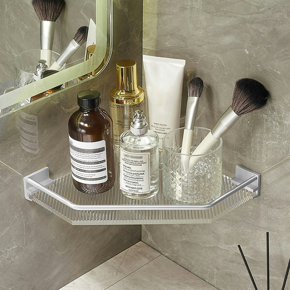image 1 of Living and Home Acrylic Bathroom Corner Shelf Adhesive Shower Organiser Clear