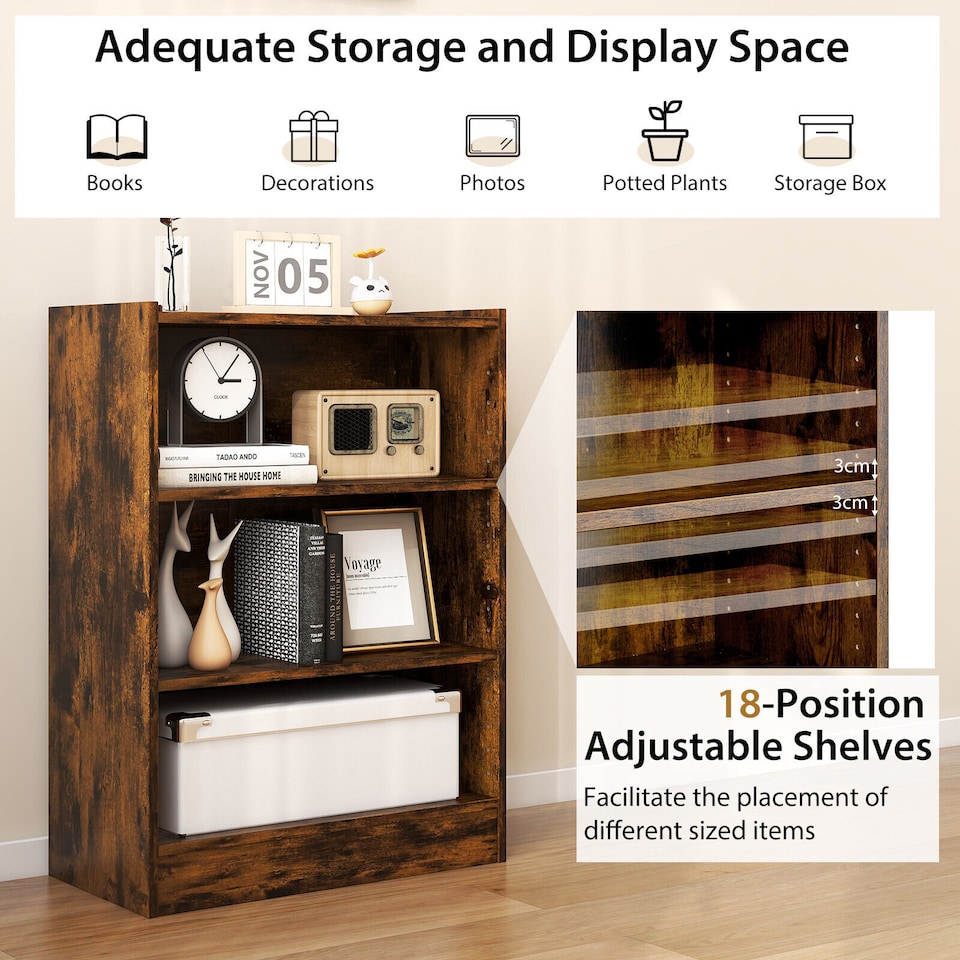 image 1 of COSTWAY 3 Tier Bookcase Floor Standing Open Bookshelf Bedroom Modern Display Cabinet