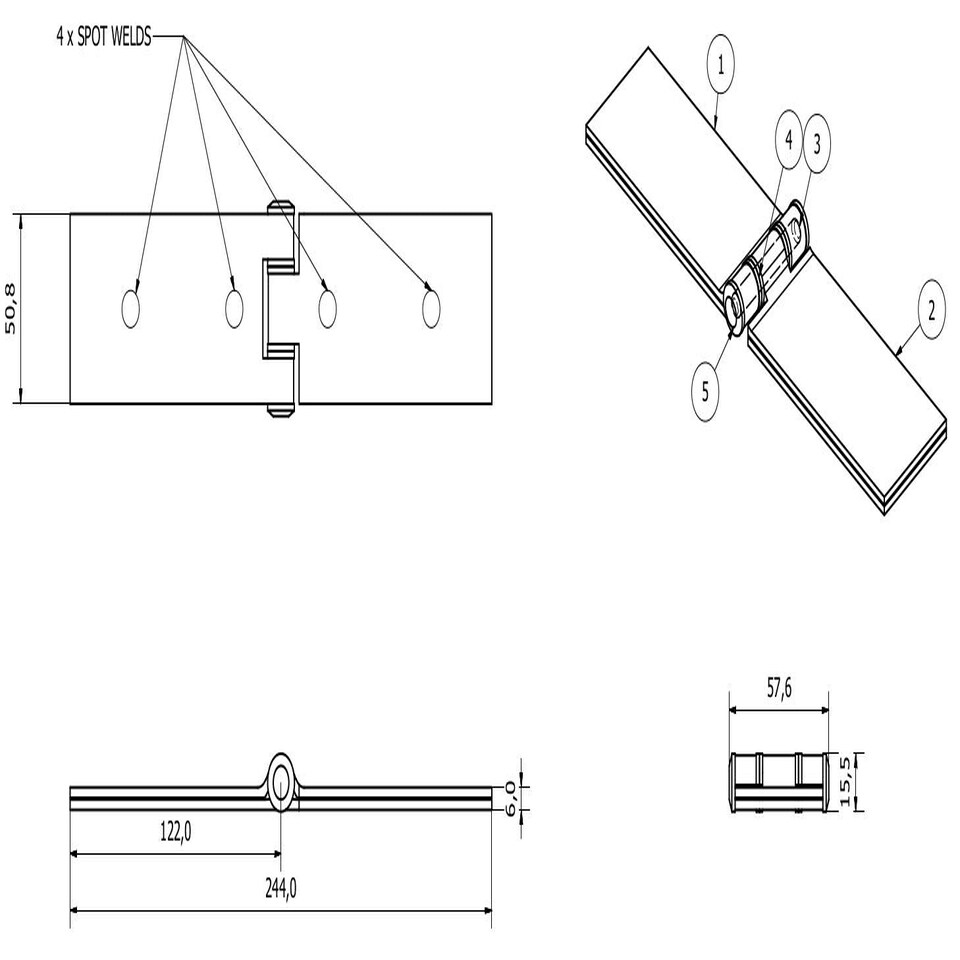 image 1 of 2 Pack Long Weld-on Butt Hinge Heavy Duty with Bushes 240x50mm Industrial Silver