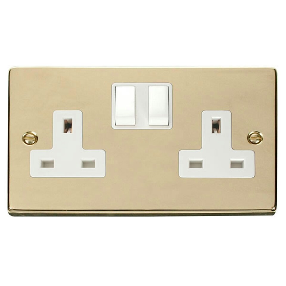 image 1 of SE HOME Polished Brass 2 Gang 13A Twin Double Switched Plug Socket White | Polished Brass