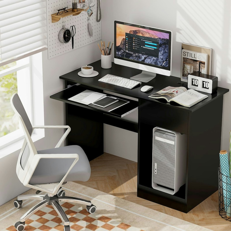 image 1 of COSTWAY Computer Desk Workstation Laptop Table w/Drawer Black Black