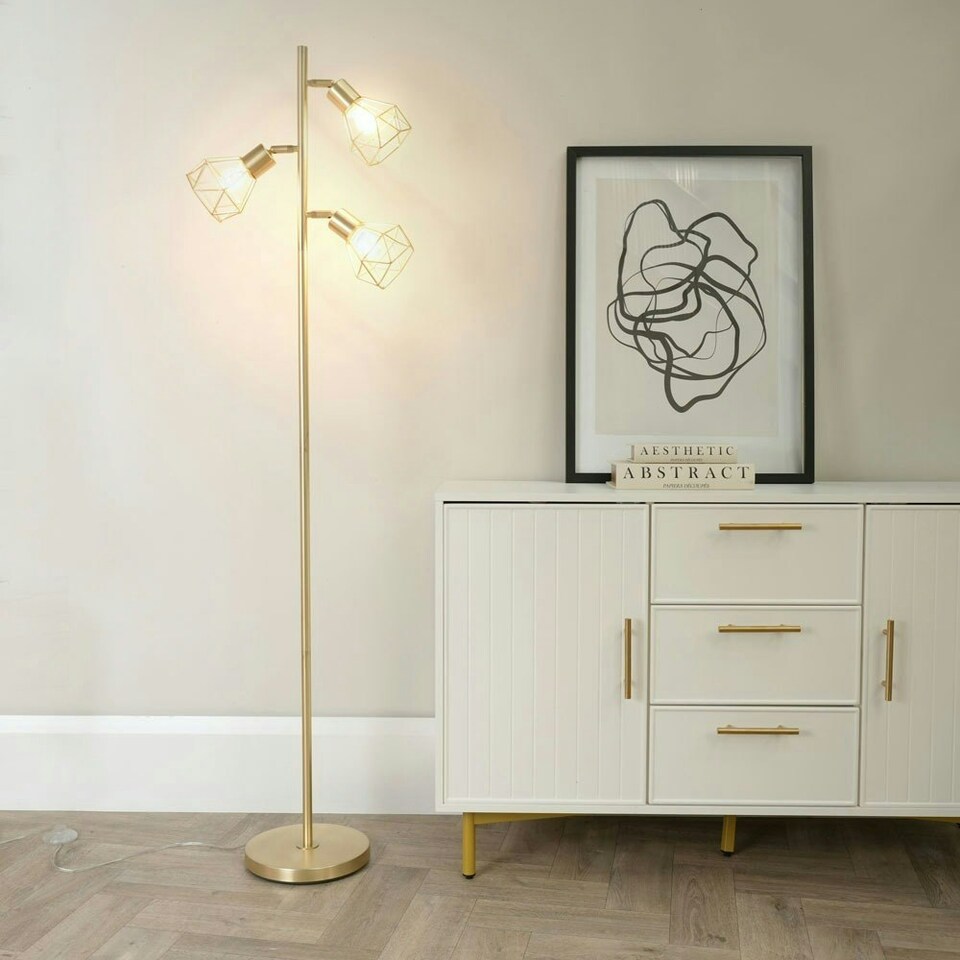 image 1 of ValueLights Angus Brushed Gold Metal Geometric Basket Shade Floor Lamp with LED Bulb