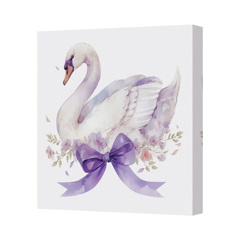 Elegant Swan Canvas Art Print With Purple Bow And Floral Accent