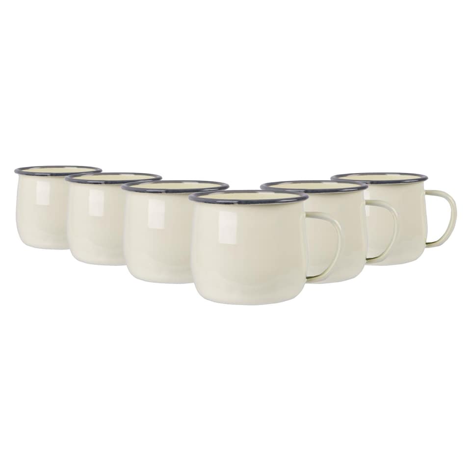 image 1 of Argon Tableware Coloured Enamel Belly Mugs - 375ml - Cream/Grey - Pack of 6 | Cream | Cream/Grey
