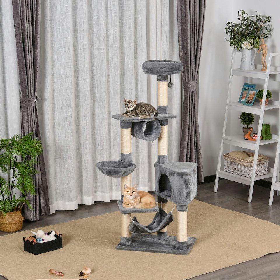 image 1 of PawHut 154cm Cat Tree Tower Multi-level Indoor Scratching Post Light Grey