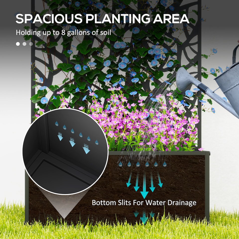 image 1 of Outsunny Metal Raised Garden Bed with Trellis, Outdoor Elevated Planter Box | Black | Black