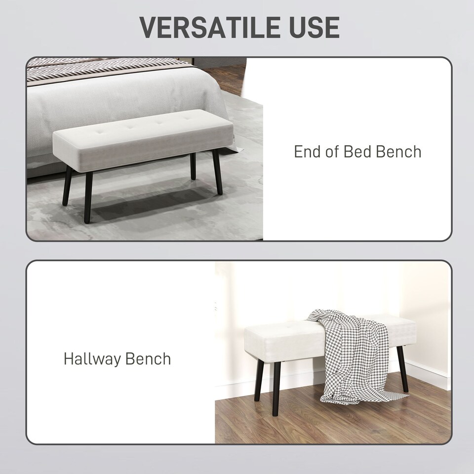 image 1 of HOMCOM End of Bed Bench, Corduroy Bedroom Bench with Thick Padding and Steel Legs, Tufted Window Seat for Entryway, Living Room, Cream White