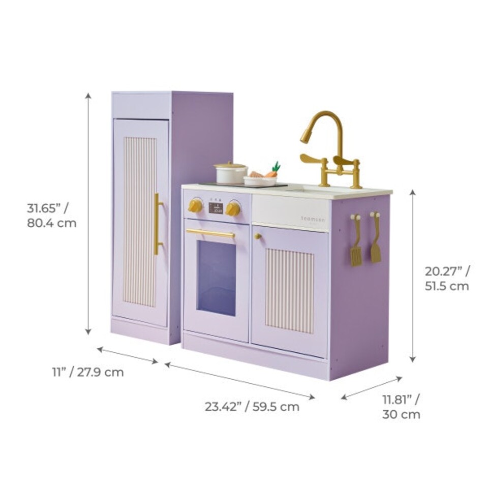 image 1 of Teamson Kids Little Chef Chester Play Kitchen in Purple with Fridge, Stove, 12 Accessories, Shelves & Hooks