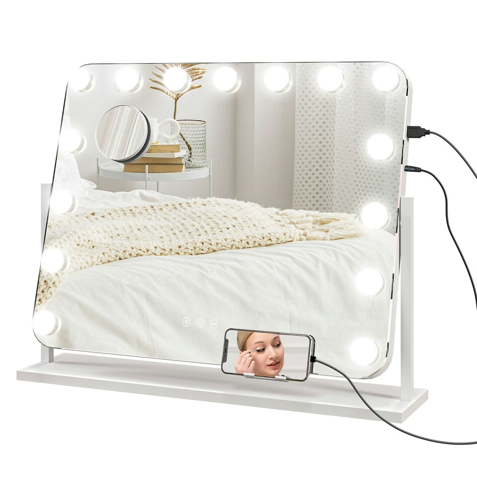 image 1 of HOMCOM Hollywood Dimmable Lighted Makeup Mirror with Magnifier, USB Port